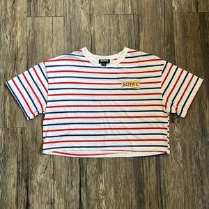 Forever 21 Blue and Red Striped Crew Neck Cropped Boxy T Shirt
